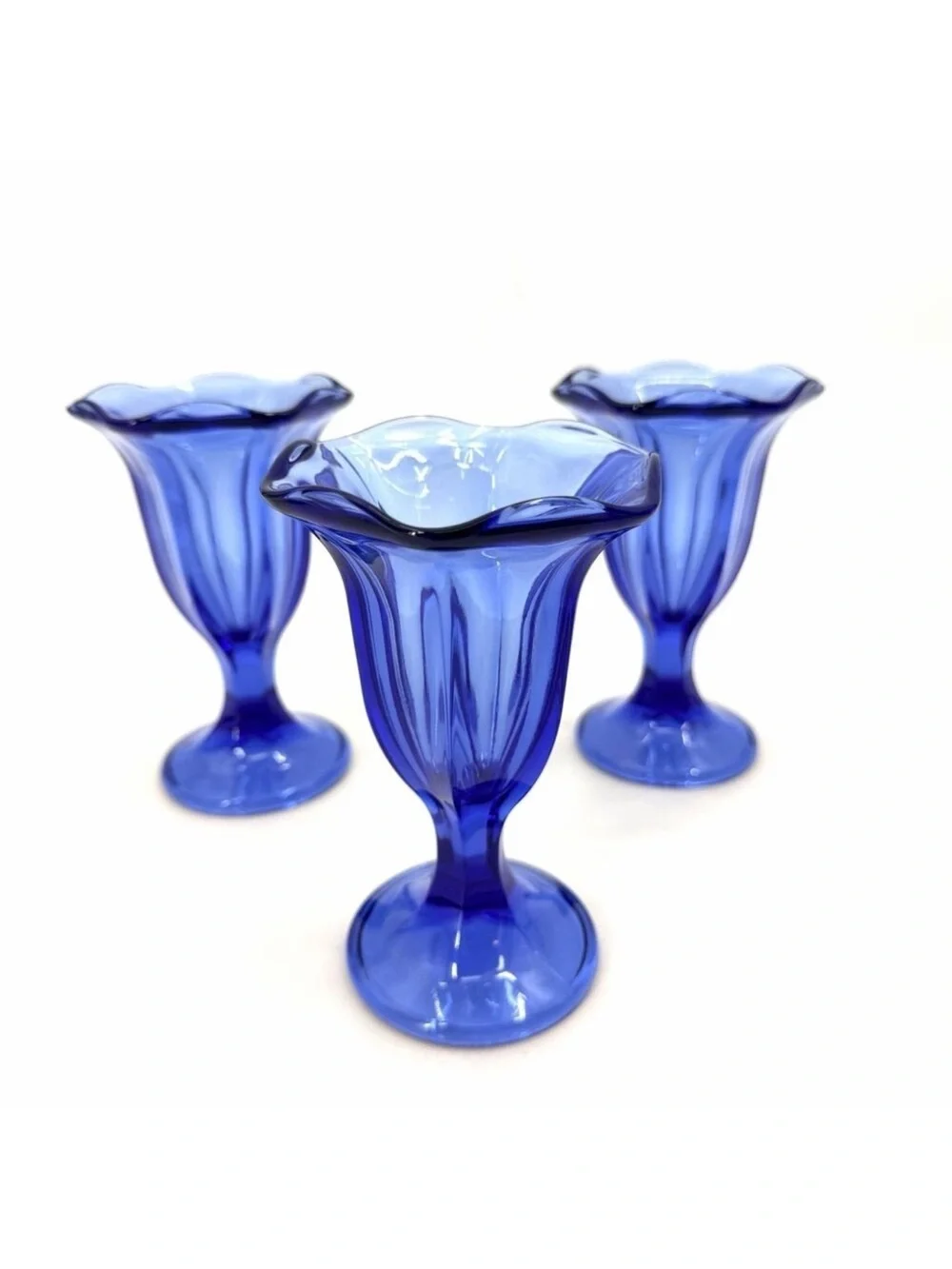 Vintage 70s Set of 3 Cobalt Blue Retro Dessert Ice Cream Sundae Glasses